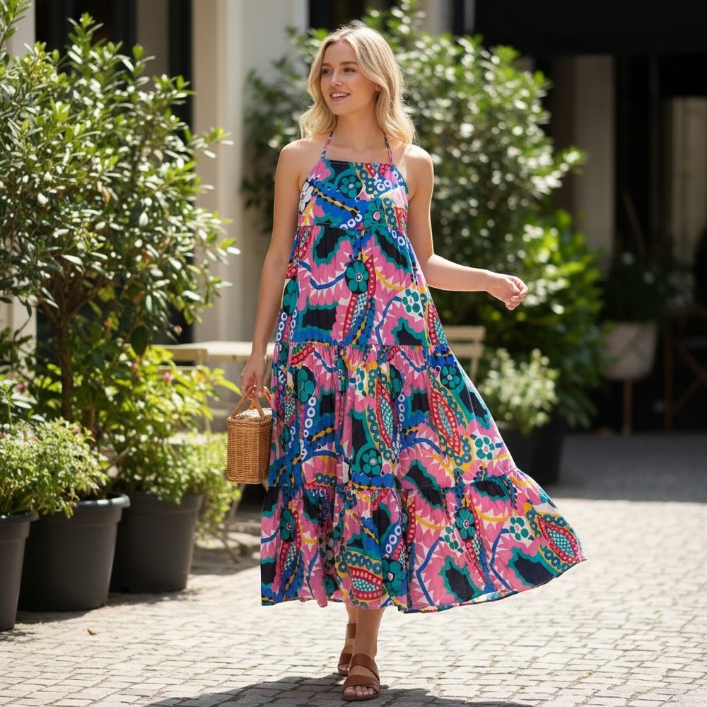 J.Crew Tiered Maxi Dress Womens 2 Multicolor Abstract Floral Halter‎ Cotton